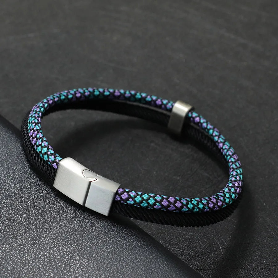 Grade A Mens Paracord Bracelet Stainless Steel Buckle Wrap Surfing Braclet Bicolor Macrame Braslet Handmade Marine String Joias