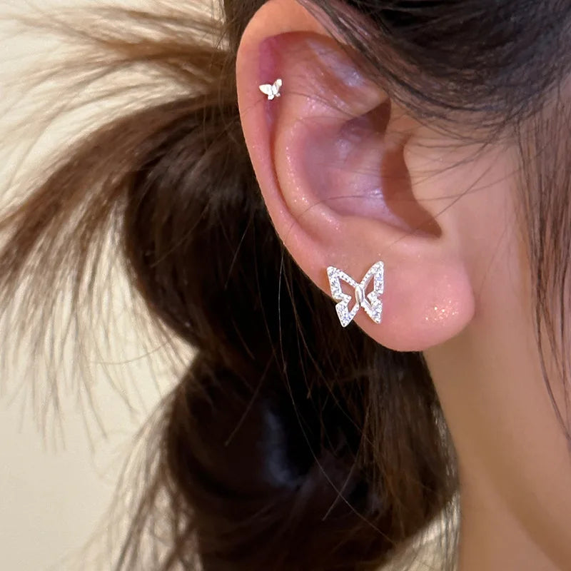 925 Sterling Silver Butterfly Earrings Sparkling Zircon Minimalist Earrings Women's Stacked Earrings Birthday Gift Jewelry